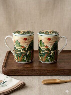 Fine China Oriental Tea Mugs with Lid Set 2 by Bossigi